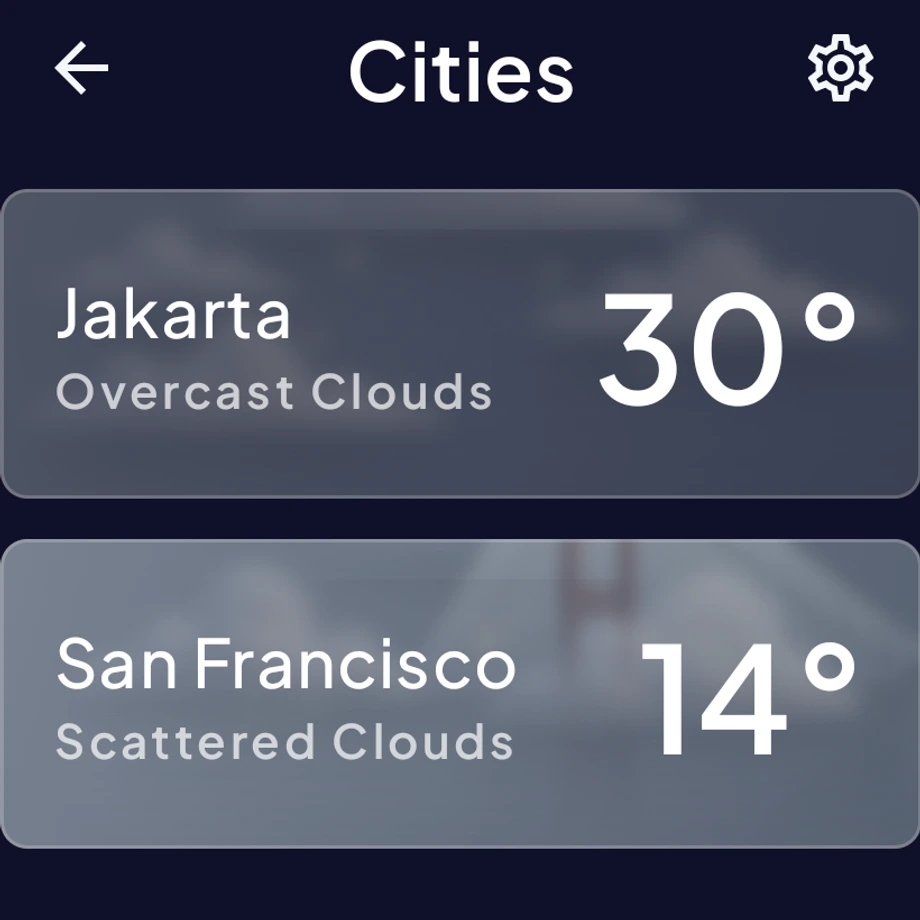 The app’s saved Cities screen showing Jakarta and San Francisco forecasts